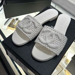 CHANEL White Crochet Slide Sandals with CC Motif